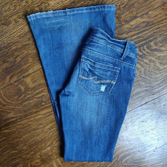 Blue Asphalt Distressed Super Flare Jeans Size 3